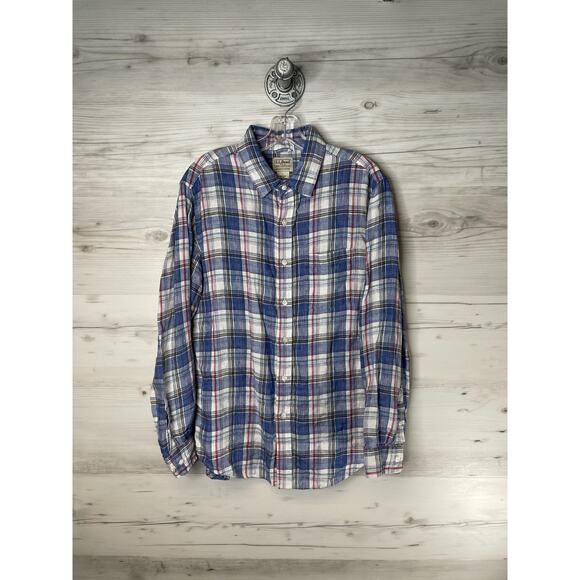 L.L.Bean Shirt Mens Medium Blue Red Plaid 100% Linen Long Sleeve Button Down - Picture 1 of 9